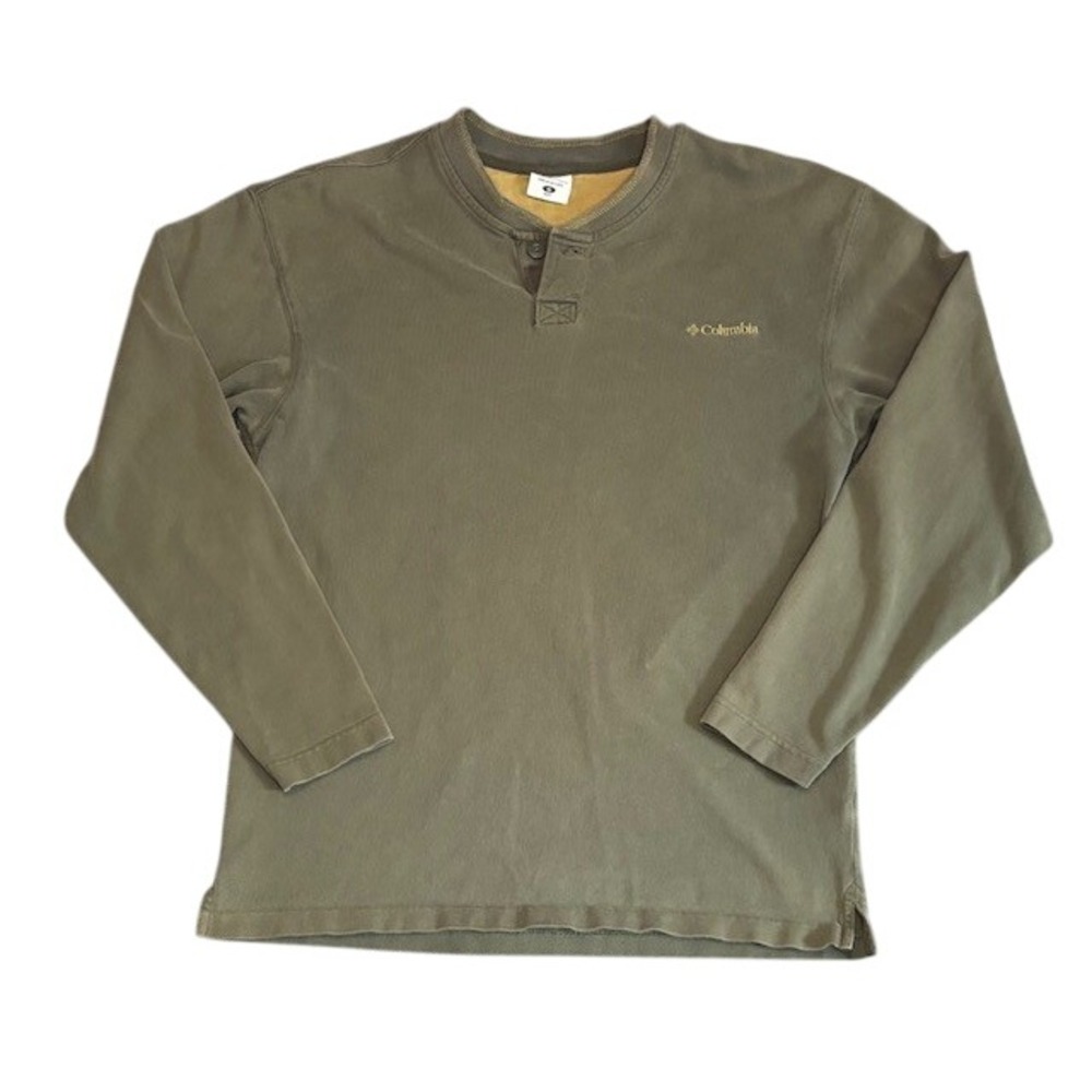 Columbia Mens Long Sleeve Henley Shirt Olive Green‎ Heavy Cotton Logo Size M